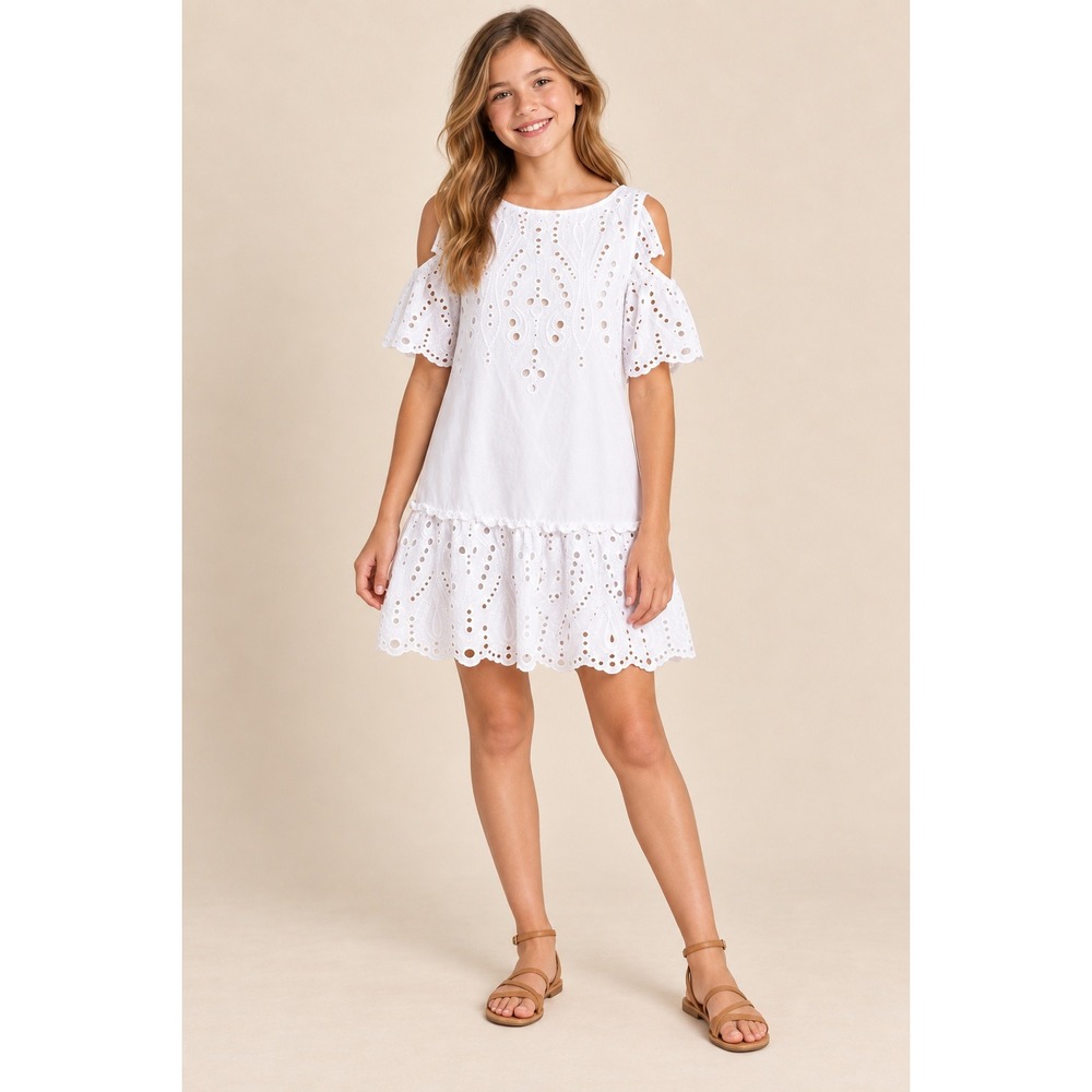 Twinset Girls White Eyelet Lace Cold Shoulder Dress Size 10 ‎ 140cm Ruffle Hem